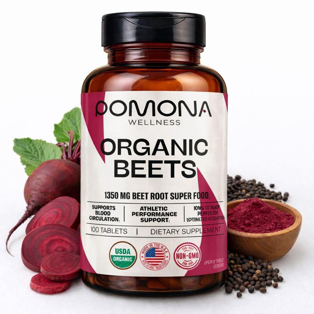 Pomona Wellness Beetroot Supplement Powder 1350mg, Supports Blood Pressure, Heart Health, Circulation, Energy & Athletic Performance, USDA Organic, Non-GMO, Vegan, 100 Tablets