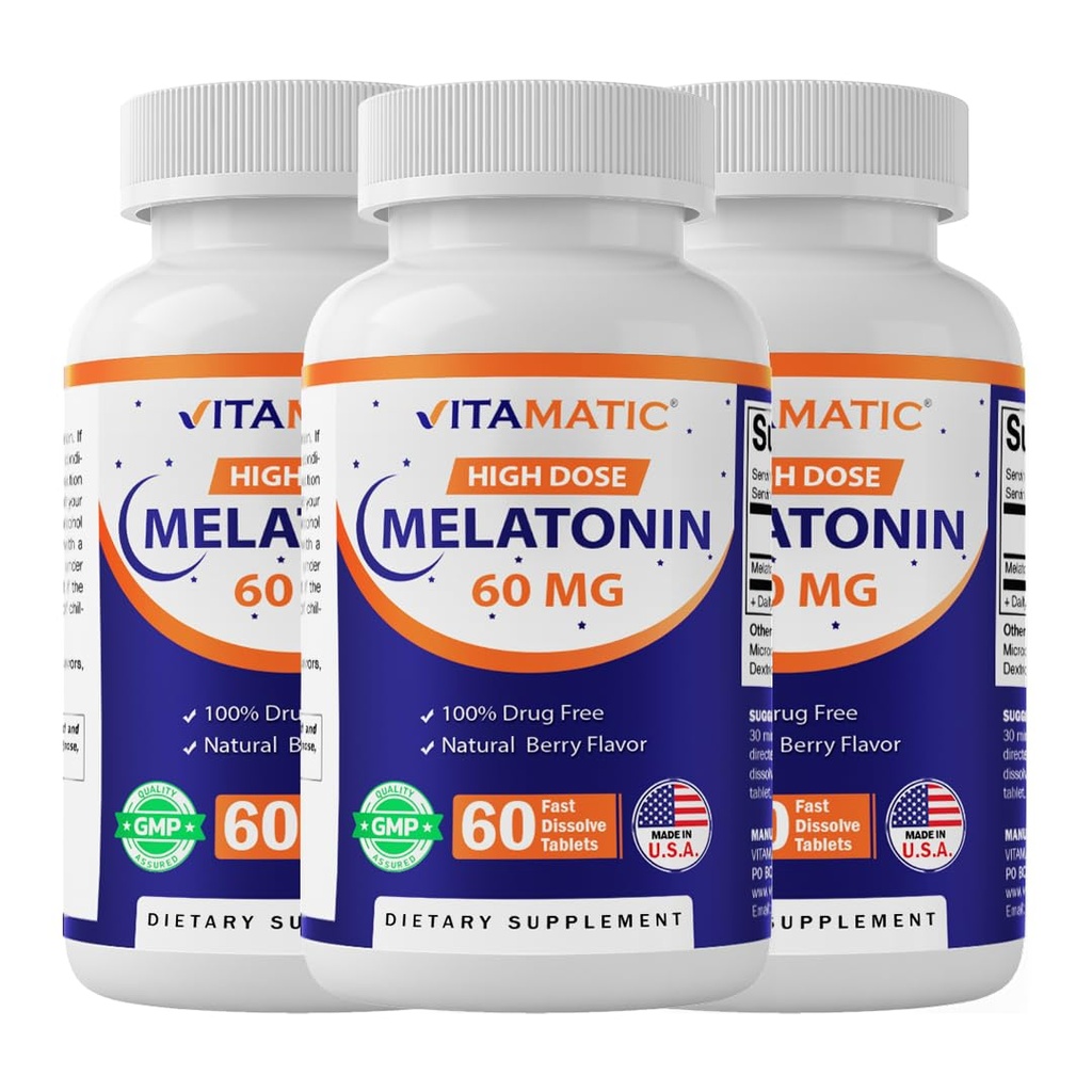 Melatonina Vitamática 60 mg Tablas de disuelve rápido - 60 tabletas de sabor natural vegano - Formando no-ábito - No GMO, Gluten Gratis (3 botellas)