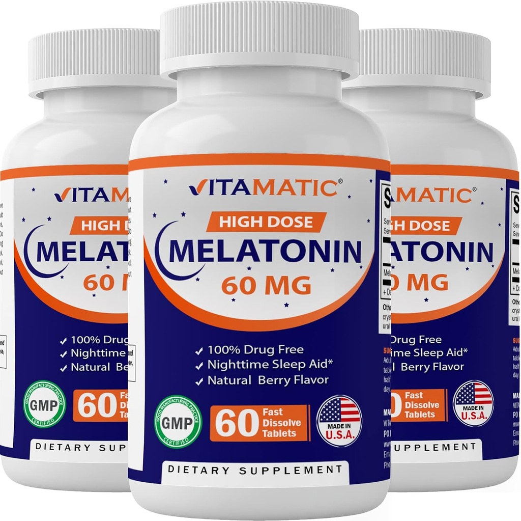 Melatonina Vitamática 60 mg Tablas de disuelve rápido - 60 tabletas de sabor natural vegano - Formando no-ábito - No GMO, Gluten Gratis (3 botellas)
