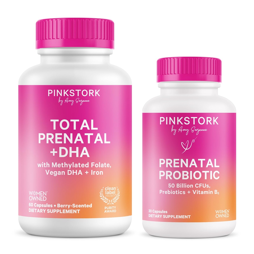Pink Stork Prenatal Vitamin Duo: Prenatal Vitaminas y Probióticos para Mujeres Embarazadas -Morning Sickness and Fetal Development Support with DHA, Folate, Vitamin B6, and More - 2 Products, 90 Capsules