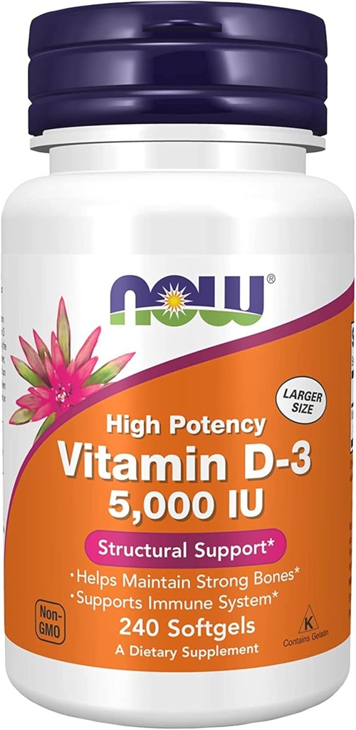 AHORA Suplementos, vitamina D-3 5.000 UI, alta potencia, soporte estructural*, 240 Softgels con llavero de nutrición mundial