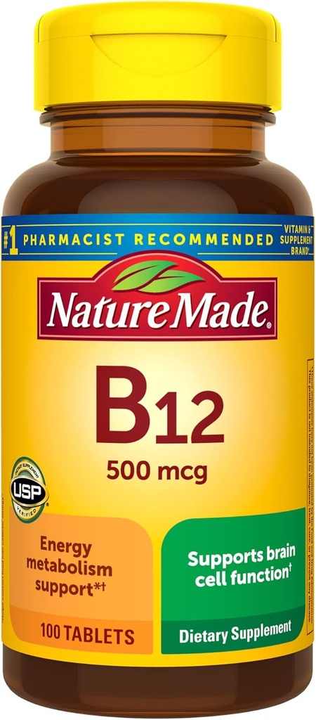 Nature Made Vitamina B12 500 mcg, Suplemento dietético para el apoyo al metabolismo energético, 100 Tablets, 100 Day Supply