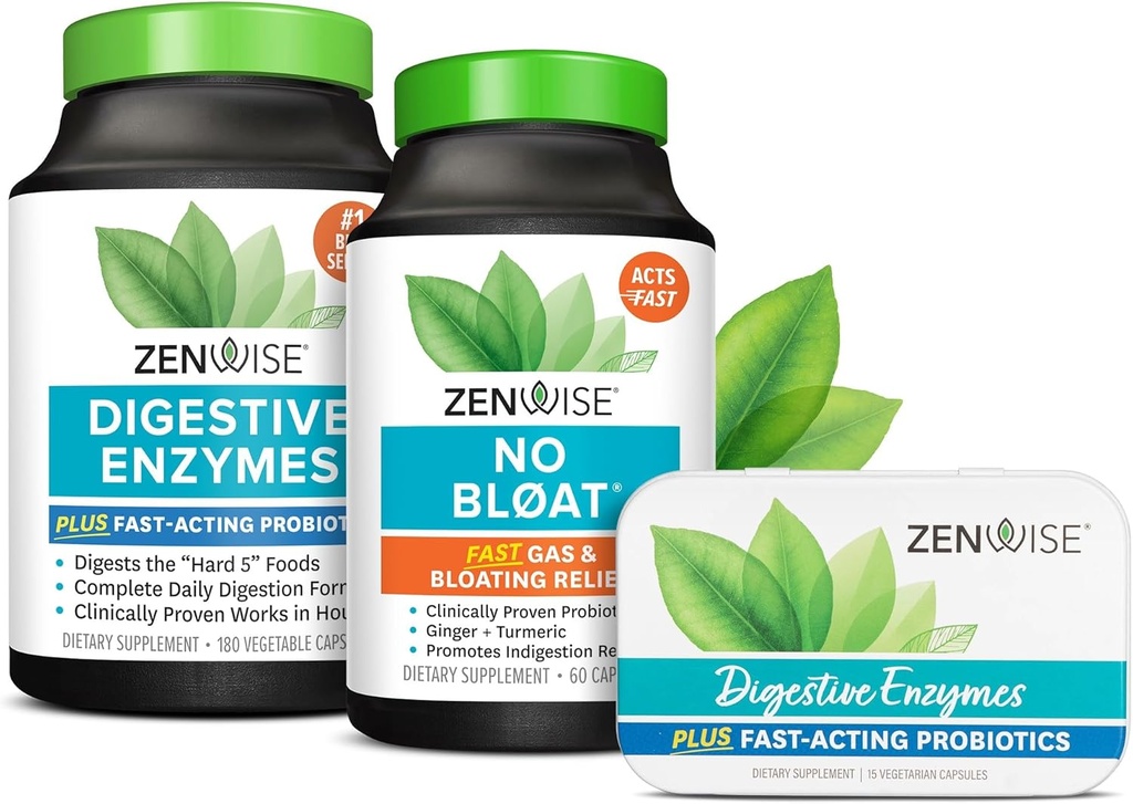 Zenwise Health Digestive Enzymes, No Bloat, and Free Travel Tin with Probiotics for Digestive and Gut Health