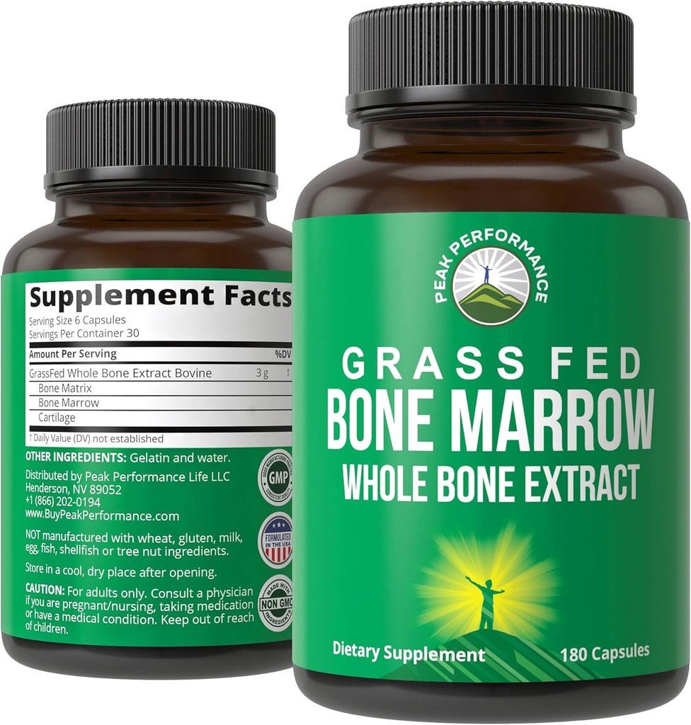 Peak Performance Grass Fed Bone Marrow - Whole Bone Extract Supplement 180 Capsules Superfood Pills Rich in Collagen, Vitamins, and Amino Acids. from Bone Matrix, Marrow, Cartilage. Tabletas ancestrales