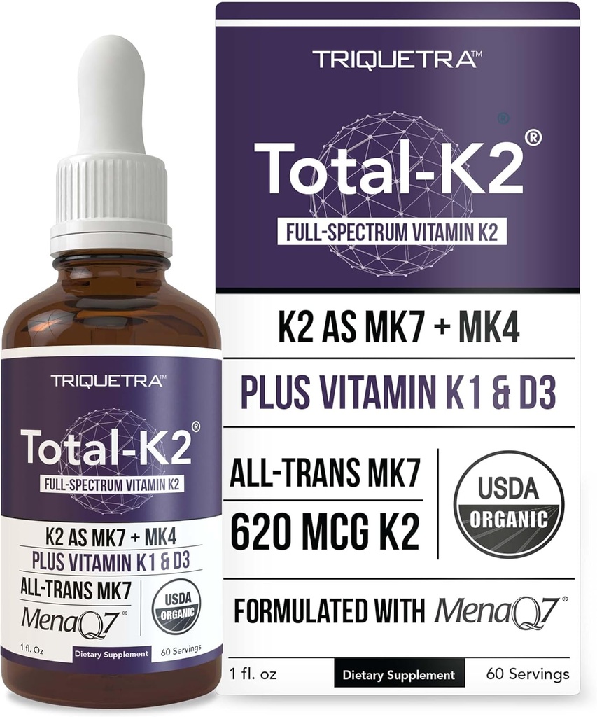 Total K2® tención Vitamina K2 como MK7 &amp; MK4 tención Plus K1 & Vitamina D3 Cofactor - 620 mcg K2 por Serving - All-Trans MK7 de MenaQ7® - Full-Spectrum Vitamin K - Vegan, Certified Orgánico (Liquid 1 oz)