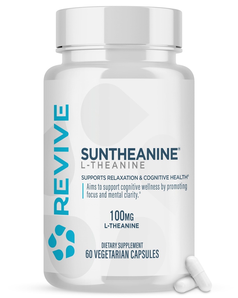 Revive MD Suntheanine L-Theanine Supplement for Men and Women - Supports Fatigue & Brain Function for Calm Mood, Mental Clarity, Focus " Relaxation - Vegan " Gluten-Free (60 Capsules, 60 Servings)