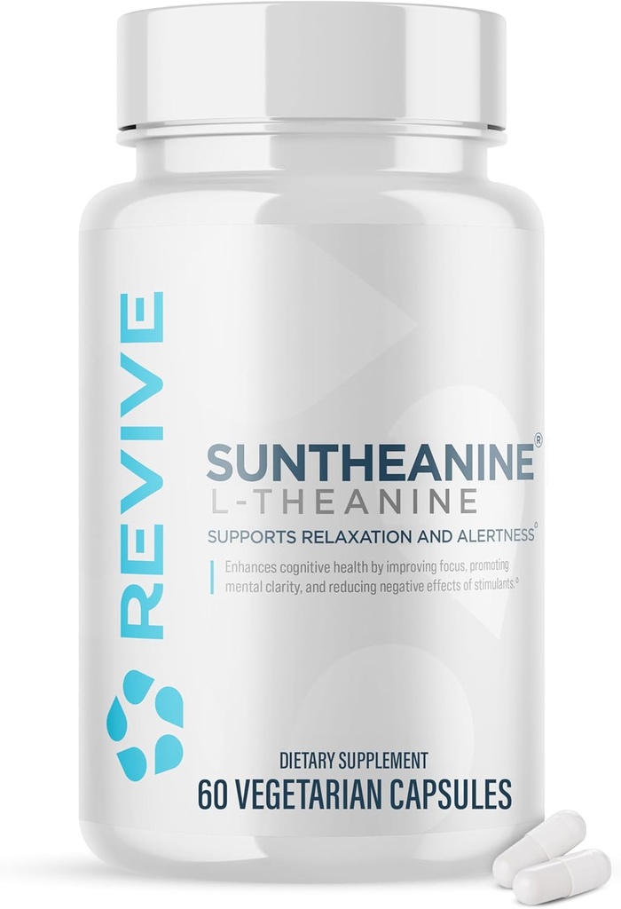 Revive MD Suntheanine L-Theanine Supplement for Men and Women - Supports Fatigue & Brain Function for Calm Mood, Mental Clarity, Focus " Relaxation - Vegan " Gluten-Free (60 Capsules, 60 Servings)