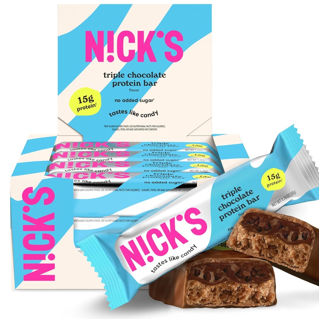 Las barras triples de proteínas de chocolate de Nick – Caja de 12 patas de alta proteína, calorías bajas, carbohidratos bajos, Keto Friendly, No Añadido azúcar