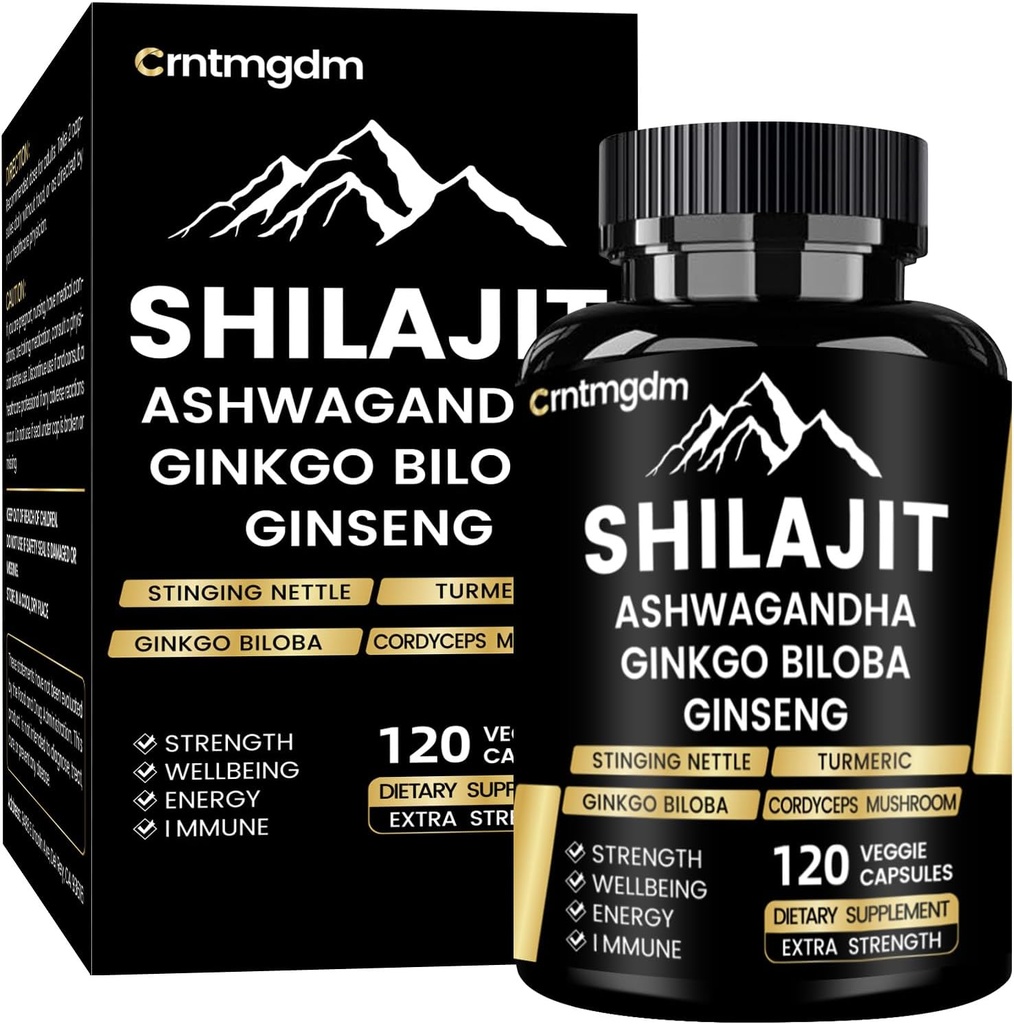 Shilajit Capsules - 20,000mg Puro Himalayan Shilajit orgánico para hombres ' mujeres con Ashwagandha, apoya la vitalidad y el bienestar, Premium Shilajit Puro Himalayan Suplemento, 120 cápsulas