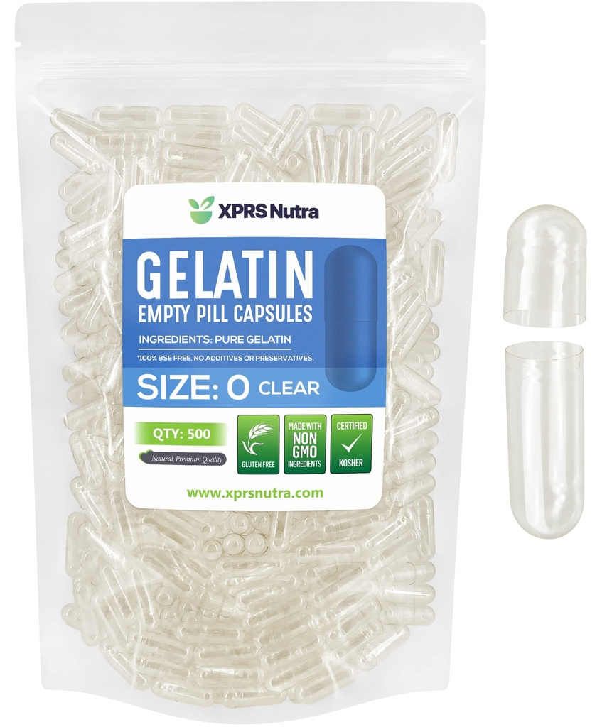 XPRS Nutra Size 0 Empty Capsules - 500 Count Clear Empty Gelatin Capsules - Pills for DIY Capsule Filling - Fillable Pure Bovine Pill Gel Caps for Do-It-Yourself Supplements