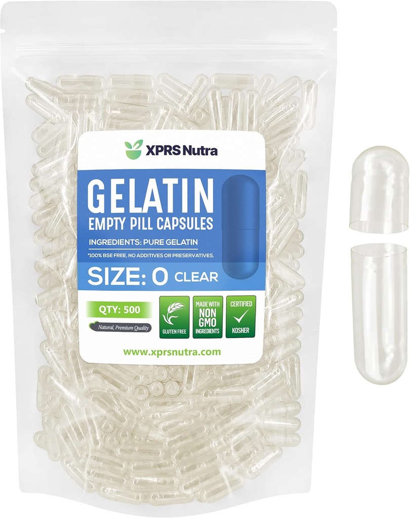 XPRS Nutra Tamaño 0 Empty Capsules - 500 Cuentas Clear Empty Gelatin Capsules - Pills for DIY Capsule Filling - Fillable Pure Bovine Pill Gel Caps for DIY Supplements
