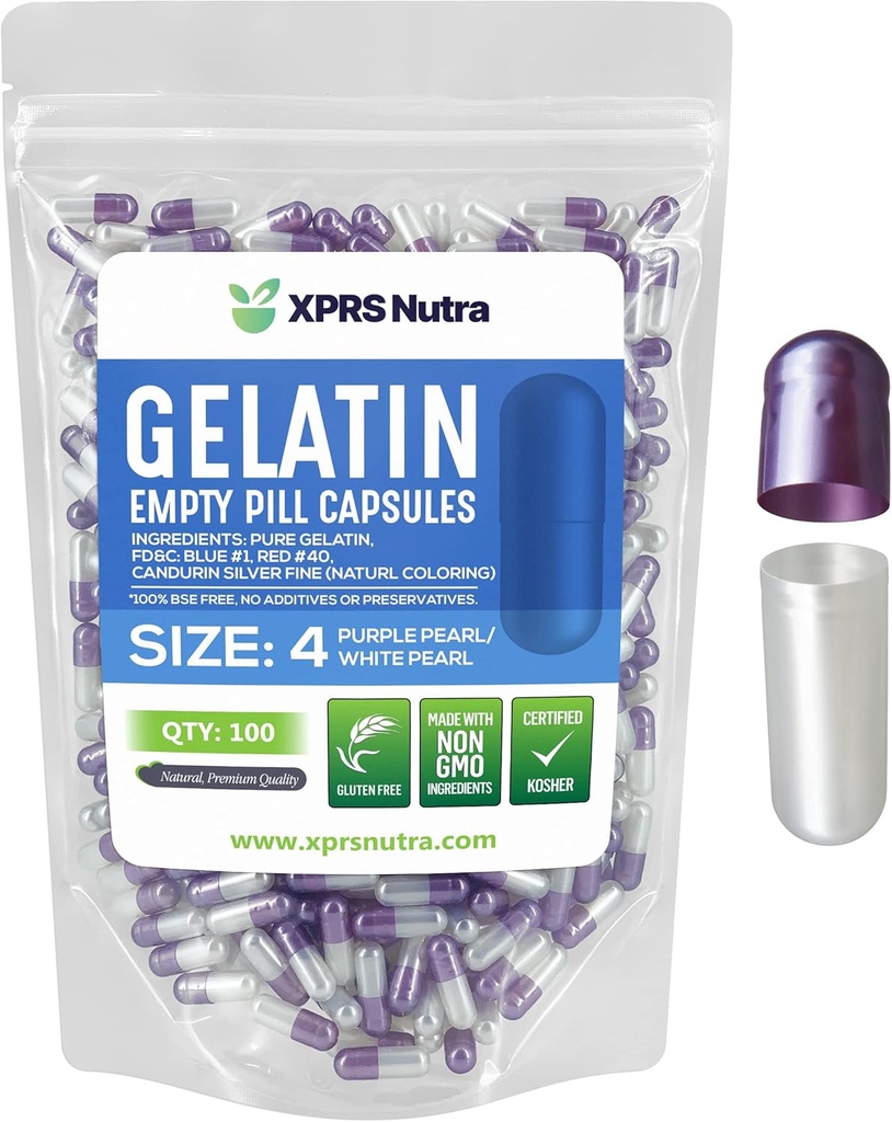 XPRS Nutra Size 4 Empty Capsules - 100 Cuentas Pequeños Empty Gelatin Capsules - Pills DIY Capsule Filling - Fillable Pure Bovine Pill Gel Caps for Do-It-Yourself Suplementos (Pearl Purple/White)