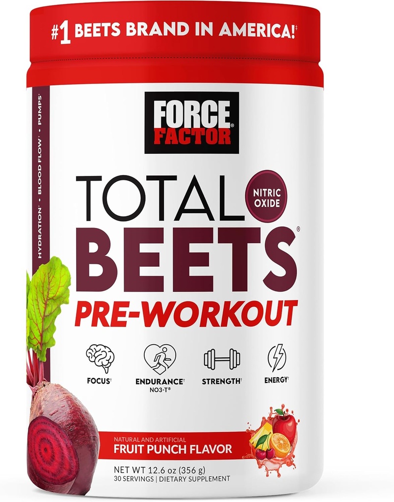 FACTOR DE FORCE FACTOR Total Beets Pre-Workout Powder to Boost Energy & Endurance, Incrementar la fuerza, y Mejorar el flujo sanguíneo y las bombas, Nitric Oxide Suplemento con Powder de remolacha, Fruit Punch, 30 Servimientos