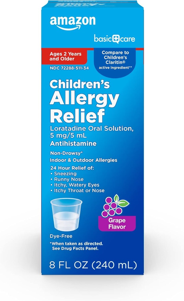 Cuidado básico Medicina de la alergia infantil, 24 horas Loratadine Solución Oral 5 mg/5 mL, Antihistamínico no pardo, Sabor de la uva, Edades 2 y Más viejo, 8 fl oz (Pack of 1)