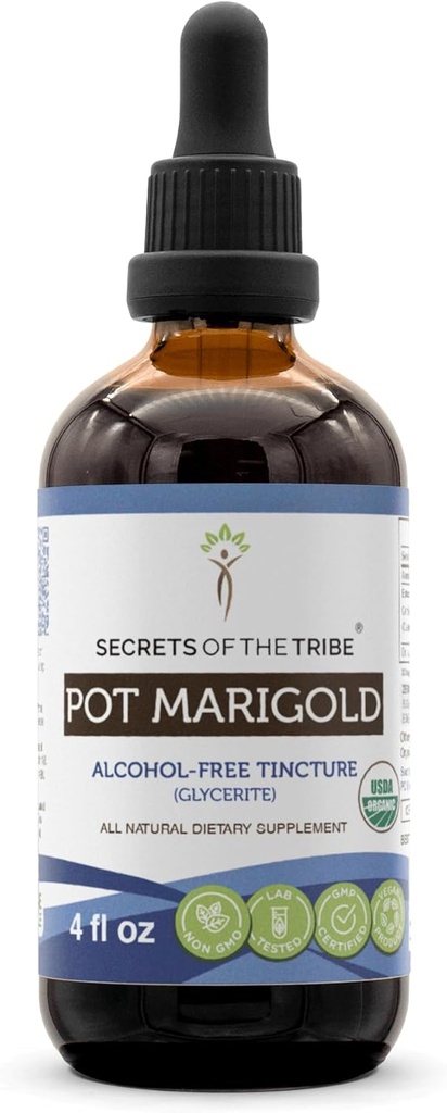 Secretos de la Tribu Pot Marigold USDA Orgánica TENIDO Extracto libre de alcohol, gotas herbales de alta potencia ¦ Hecho de 100% Certificada Pot Orgánica Marigold (Calendula, Calendula Officinalis) Flor seca (4 oz)