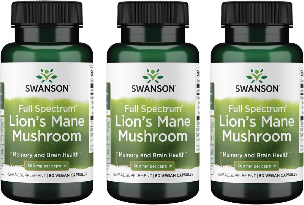 Mushroom Mane de Swanson Lion - Suplemento tradicional de Booster de Cerebro Hericium Erinaceus (60 cápsulas, 500 mg cada uno) 3 Pack