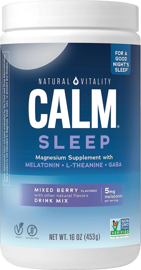 Natural Vitality Calm Sleep, Melatonin &amp; Magnesium Citrate, Sleep Aid Drink Mix, GABA, Aid, Vegan, Gluten Free Non-GMO, Mixed Berry, 16 Oz