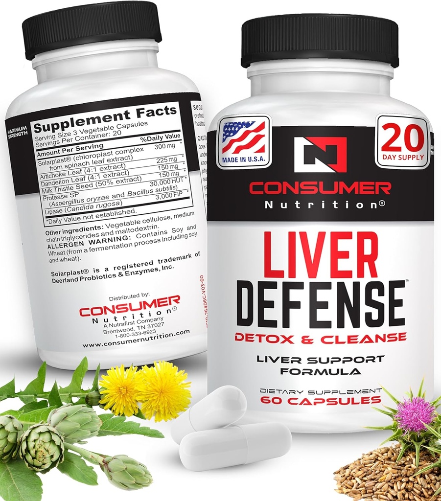 Liver Support Supplement - Liver Defense Liver Cleanse Detox - Made with Solarplast, Artichoke Leaf, Milk Thistle Seed, &amp; More - for Metabolism &amp; Immune Response 60 Capsules