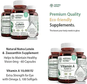 Natural Nutra Lutein y Zeaxanthin Suplemento Soy Gratis, 20mg - 60 cápsulas y vitamina A 10,000 UI, Ayuda a mantener una visión saludable con Omega 3, 100 Gluten Free Softgels