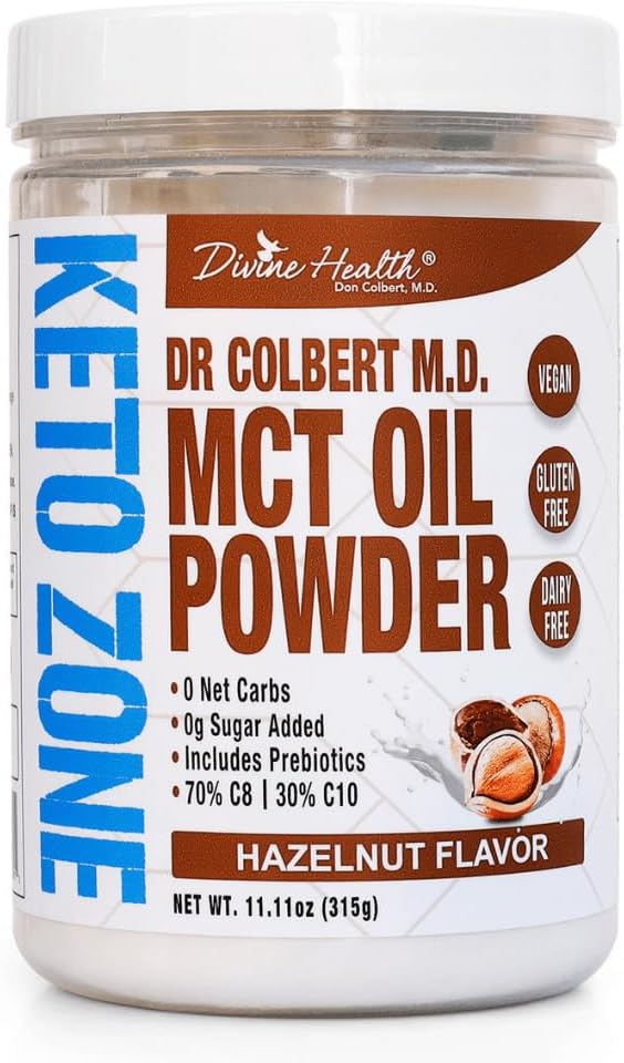 Divine Health Dr. Colbert, MD MCT Oil Powder | Hazelnut Flavor Recommended in Keto Zone Diet Book | Coffee Creamer | 70% C8 30% C10 | 0 Net Carbs | 30 Day Supply | 330 G