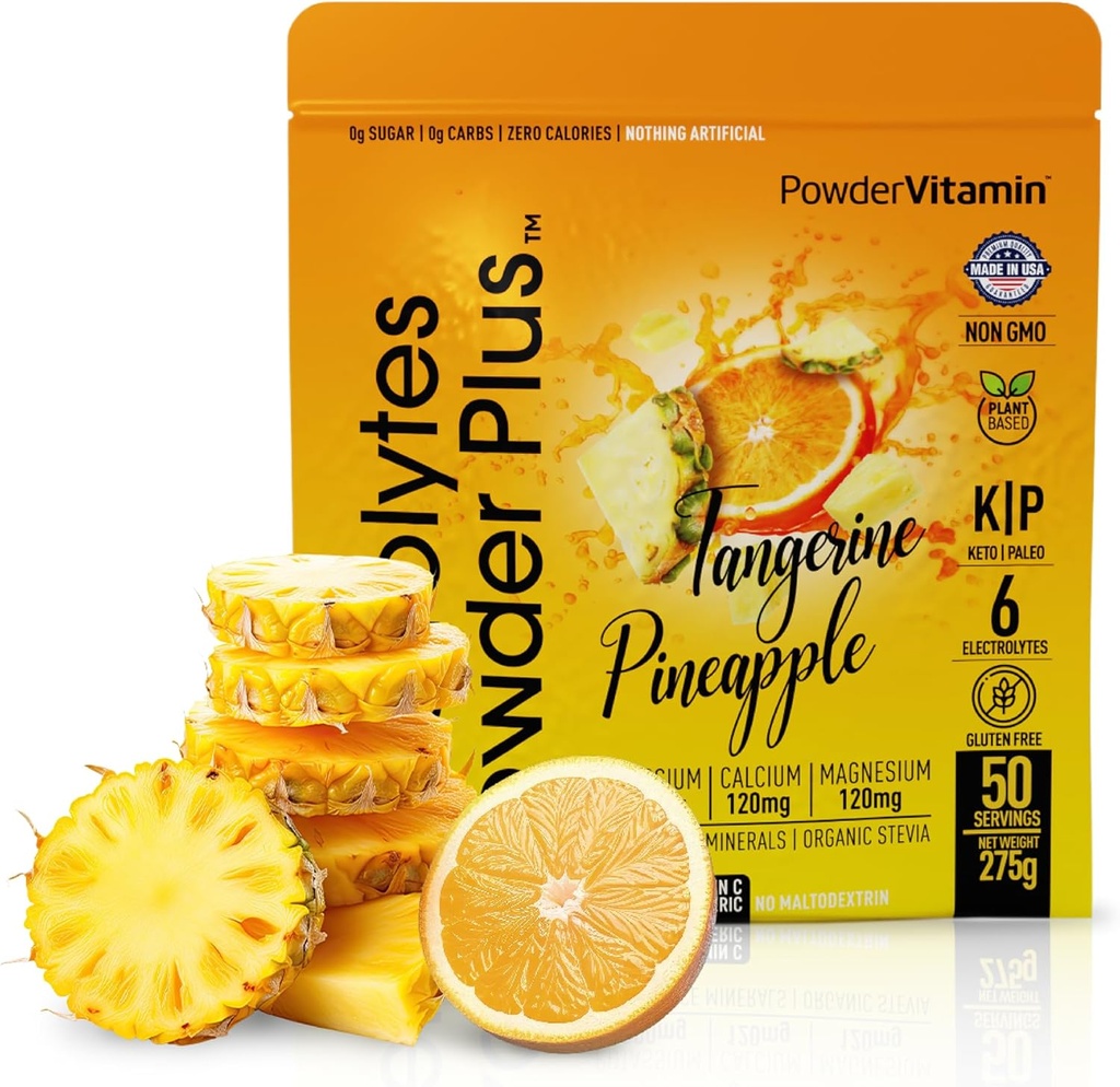 PowderVitamin Electrolytes Powder Plus (50 Servings) Tangerine Pineapple Electrolyte Powder 0 Calorie Keto, 0 Azúcar, No Maltodextrin,1000mg Potasio, 120 mg Calcio,120 mg Magnesio, Hidratación Polvo