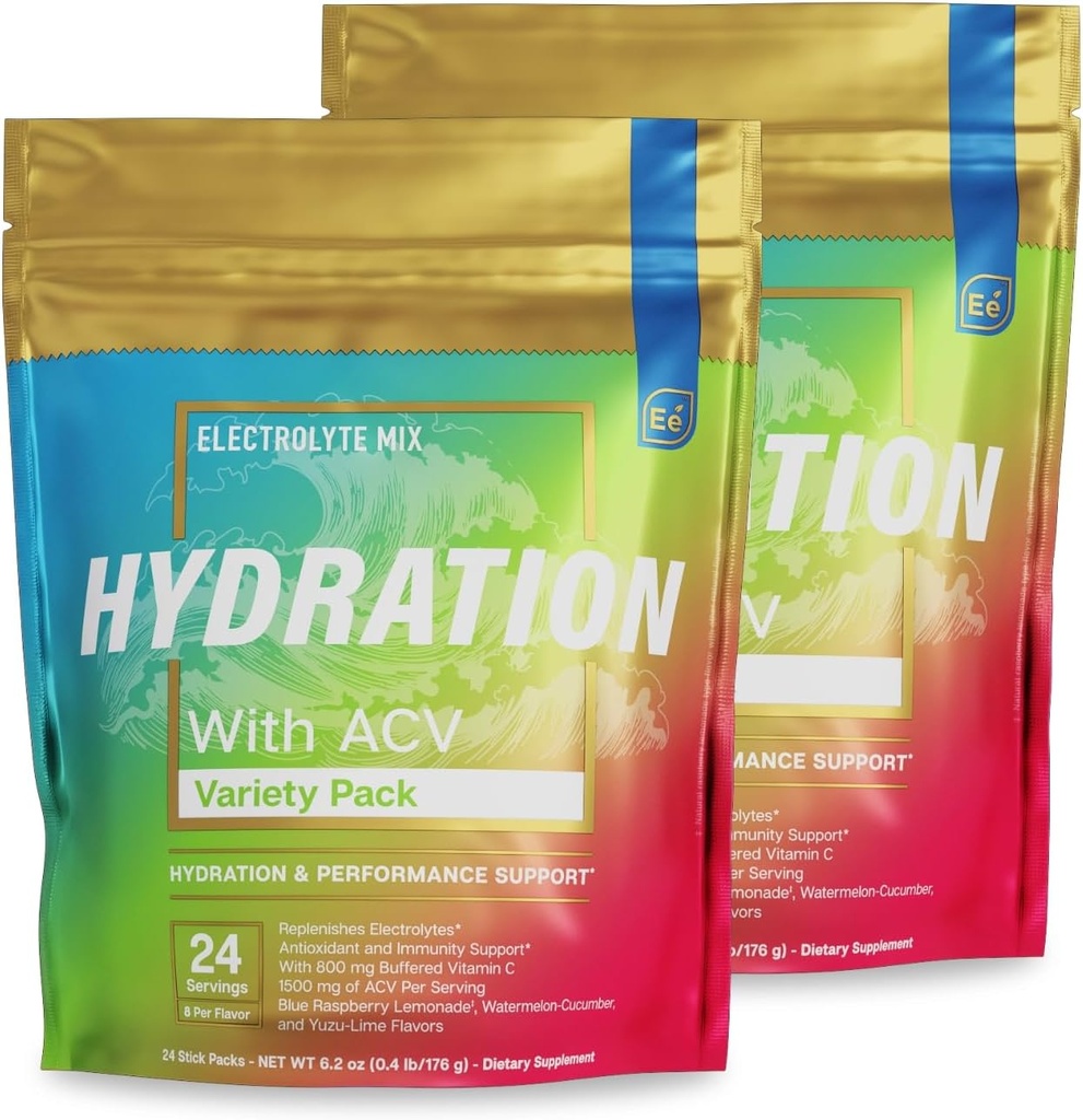 Elementos esenciales® Hydration Packets - Variedad Pack - Electrolytes Powder No Sugar - Electrolyte Drink Mix - Hidration superior con ACV &amp; Vitamina C - 48 Stick Packs