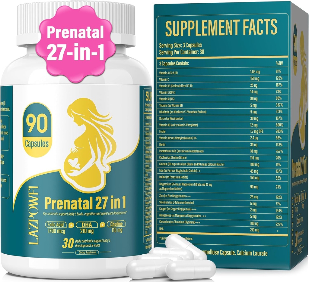 Vitaminas prenatales para mujeres multivitamínico postnatal con ácido fólico DHA Choline for Pregnant and Breastfeeding Women Niacinamide Biotin and Minerals 27 in 1 Supplement 90 Capsules-30 Servings