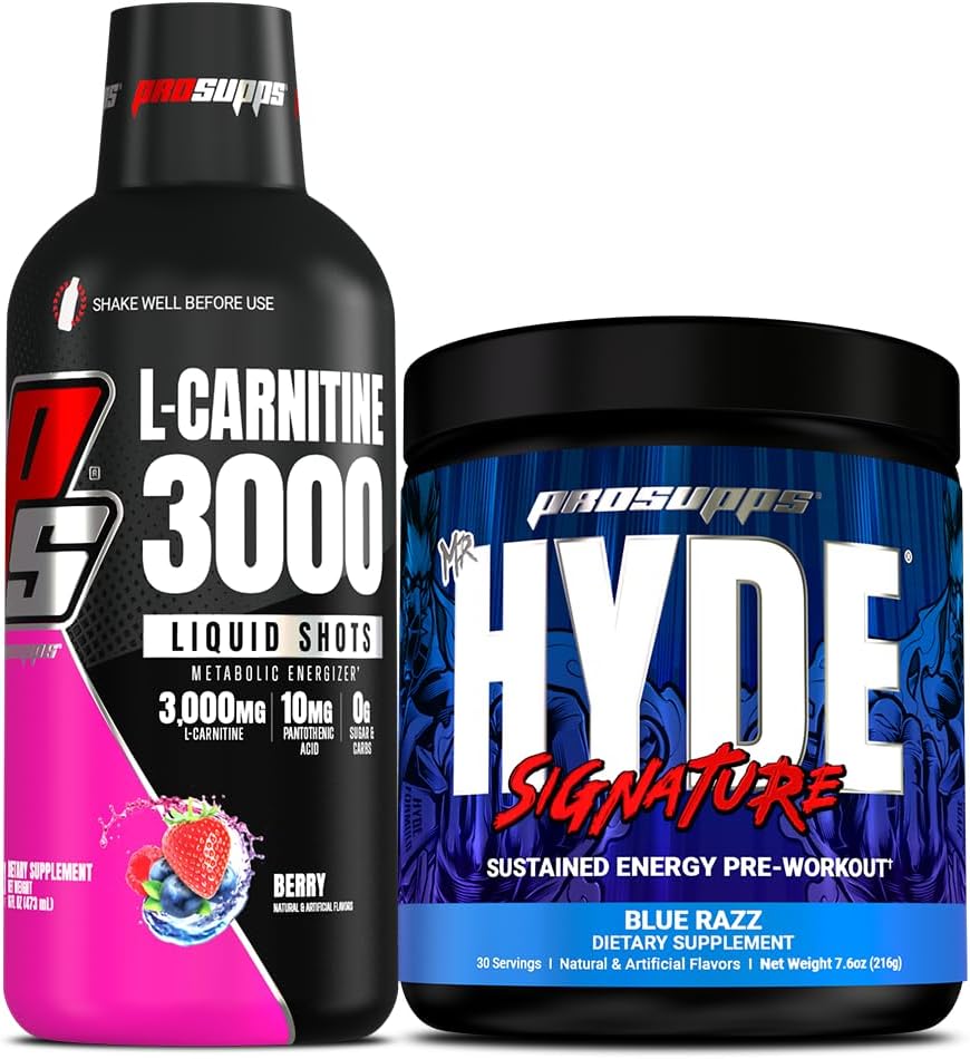 PROSUPPS L-Carnitine 3000 Stimulant Free Liquid Shots (31 Servings, Berry) y Mr. Hyde Signature Series Pre-Workout Energy Powdered Drink (30 Servings, Blue Razz) Bundle