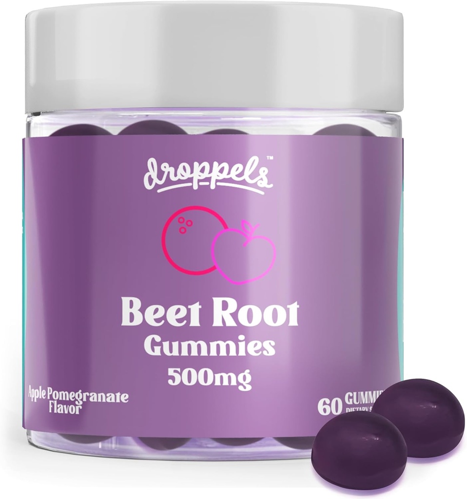 Droppels Beet Root Gummies with Beetroot Powder 500mg, Grape Seed Extract 300mg, Vitamin B12 & Niacin | Vegan, Pectin-Based & Non-GMO Beetroot Supplement, Apple Pomegranate Flavor, 60 Count