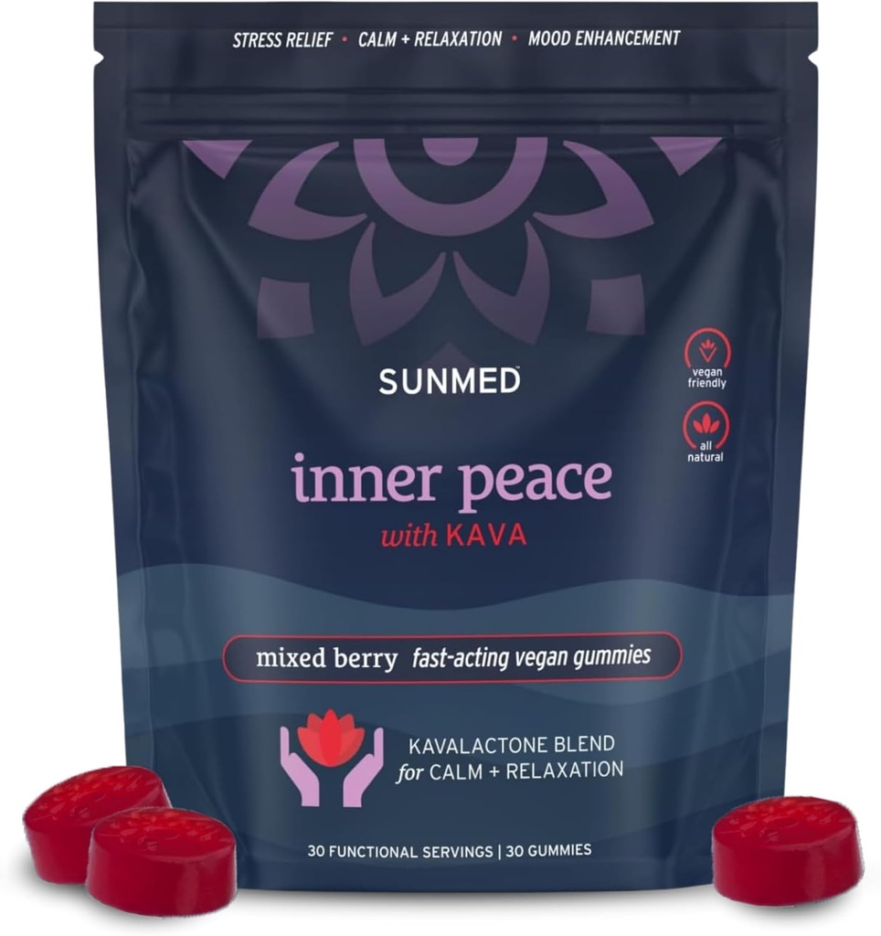 SUNMED Kava Gummies for Stress Relief & Deep Calm – 100mg Kavalactones per Serving – Vegan, Pacific Island Root Extract ← Mixed Berry Flavor, 30 Conde