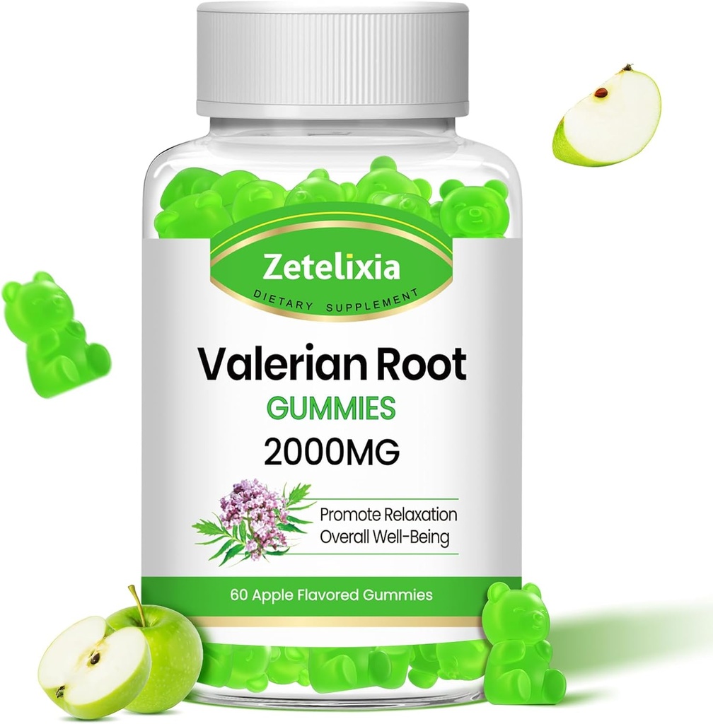 Orgánica de gomas de raíz valeriana, Suplemento herbal para la relajación &amp; soporte de humor, gomas de sueño sin melatonina para adultos, vegano, no GMO, Apple Flavor, 60 condes