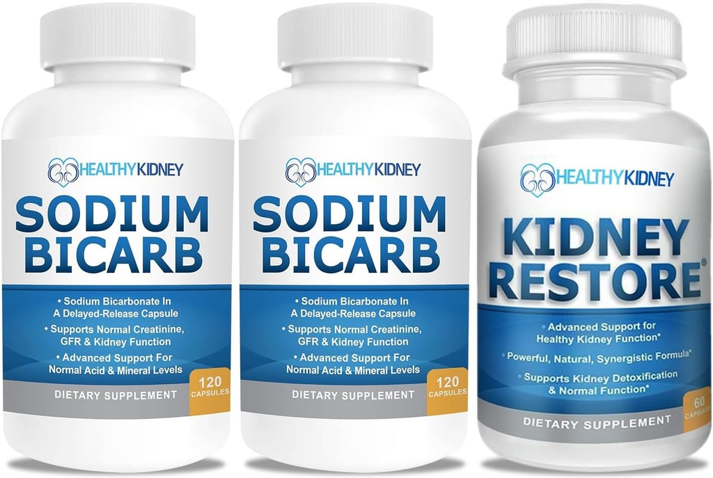 Bicarbonato de sodio 650mg cápsulas para el alivio de ácido, Alkalinity 120 pastillas 2-Pack + Riñón Restore Kidney Cleanse y Kidney Health Suplemento, 60 caps