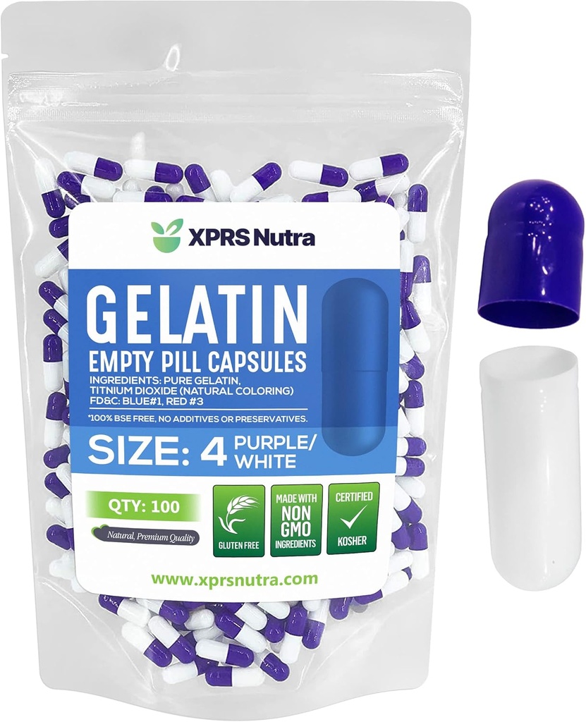 XPRS Nutra Size 4 Empty Capsules - 100 Cuentas Pequeños Empty Gelatin Capsules - Pills DIY Capsule Filling - Fillable Pure Bovine Pill Gel Caps for Do-It-Yourself Suplementos (Purple/White)