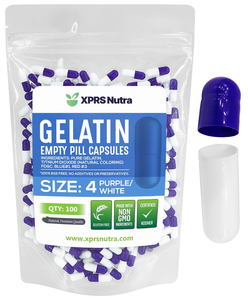 XPRS Nutra Size 4 Empty Capsules - 100 Cuentas Pequeños Empty Gelatin Capsules - Pills DIY Capsule Filling - Fillable Pure Bovine Pill Gel Caps for Do-It-Yourself Suplementos (Purple/White)