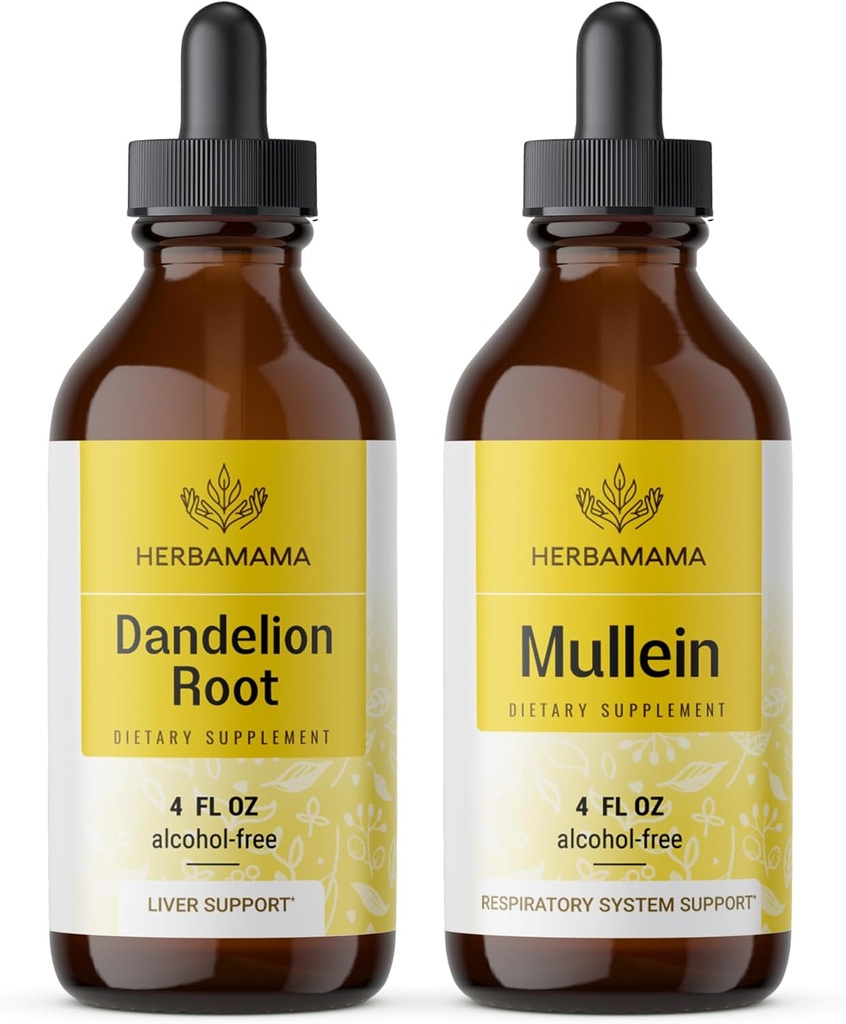 HerBAMAMA Herbal Liquid Drops Kit - Bundle of Dandelion Root and Mullein Leaf Tincture 4 fl oz - Vegan, Non-GMO, Sugar &amp; Alcohol-Free - 2 Pack