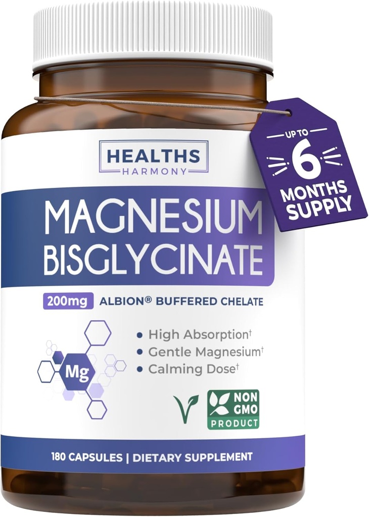 Alta Absorción Magnesium Bisglycinate Capsules - Clínicamente Validated Buffered y Chelated Magnesium Supplement - 1 Daily Vegan Capsule with Lab Verified Gentle 200mg Serving (6 Month Supply)