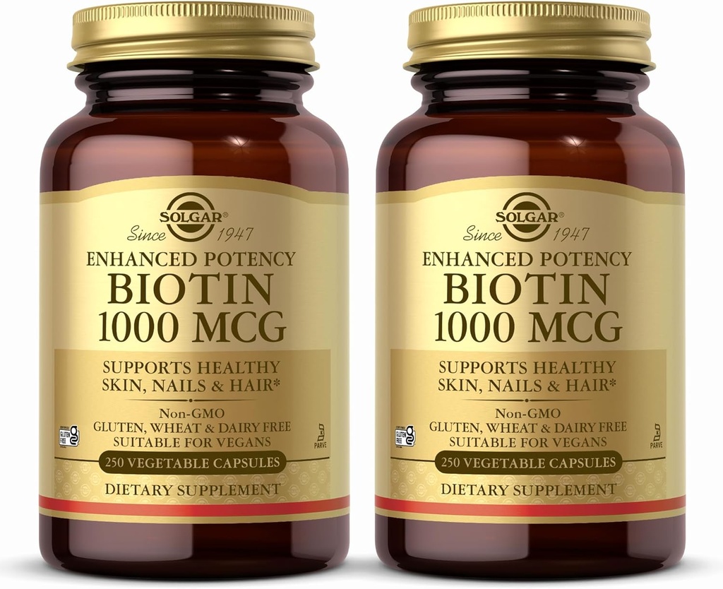 Solgar Biotin 1000 mcg, 250 cápsulas vegetales (Pack of 2) - Soportes Esquí saludable, uñas " pelo - Metabolismo energético - Potencia mejorada - No GMO, Vegan, Gluten Free, Dairy Free, Kosher - 500 piezas