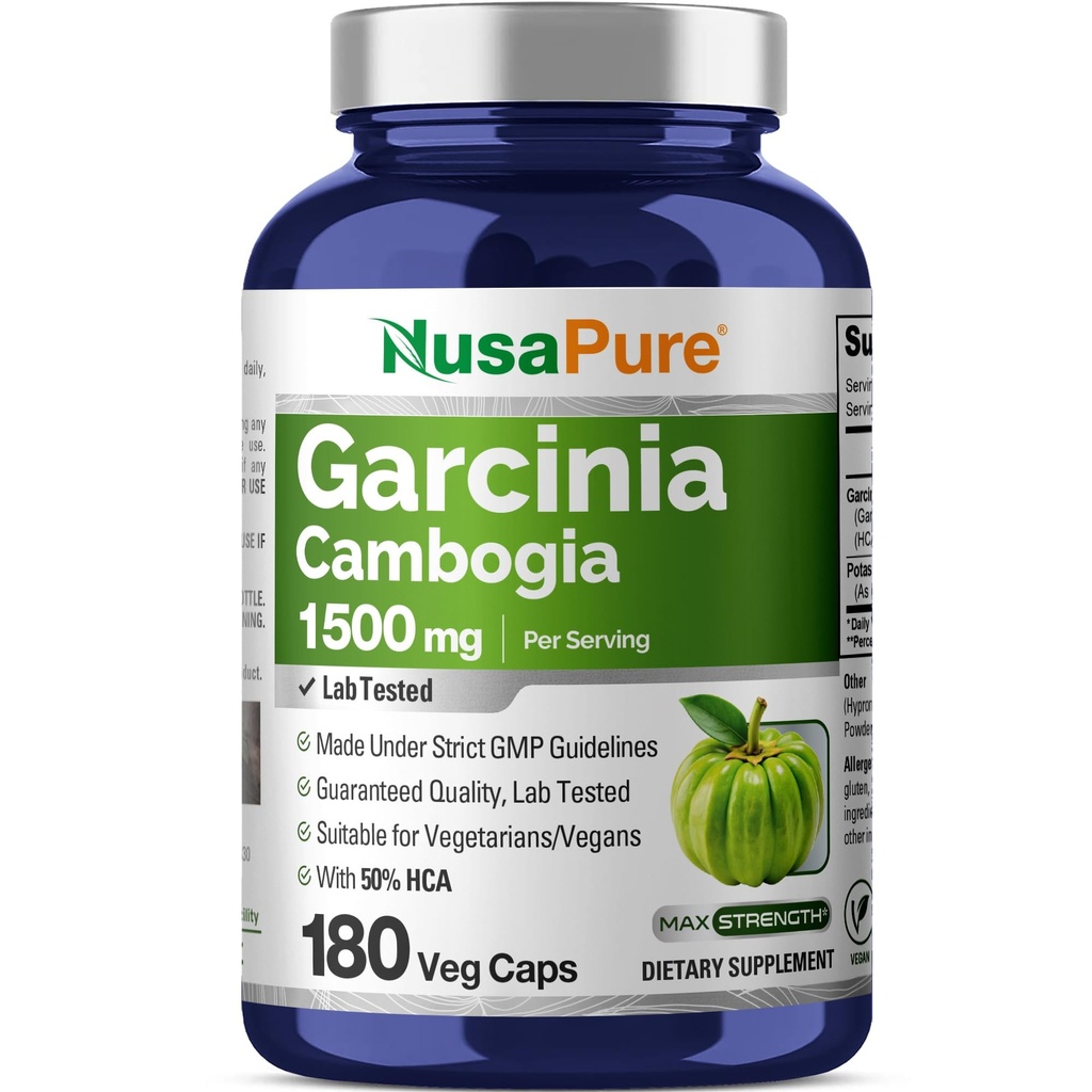 NusaPure Garcinia Cambogia 180 Veggie Capsules 1500mg (Vegetarian, Non-GMO, Vegan)