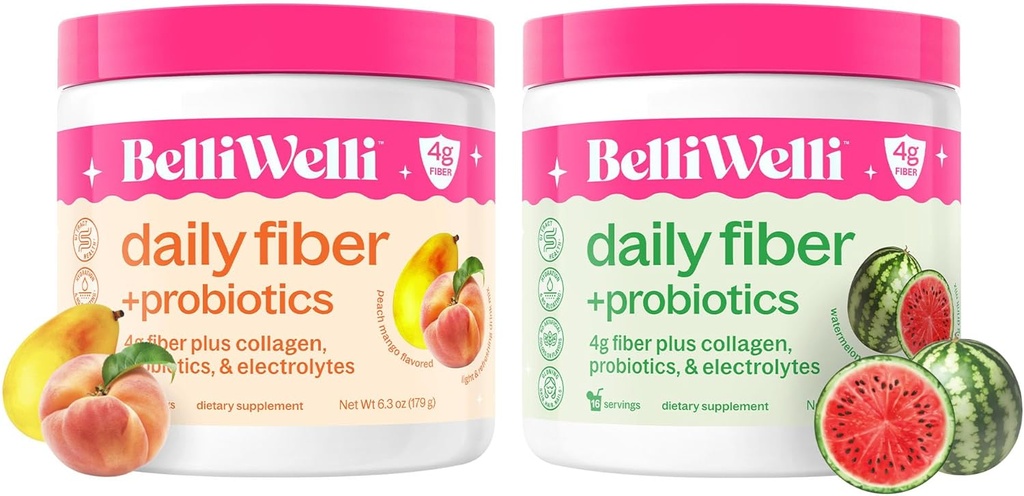 Belli Welli Daily Fiber Supplement Bundle with Collagen, Probiotics & Electrolytes – Peach Mango & Watermelon Flavors – Apoya Digestión, Gut Balance, Debloating – 32 Servimientos Total