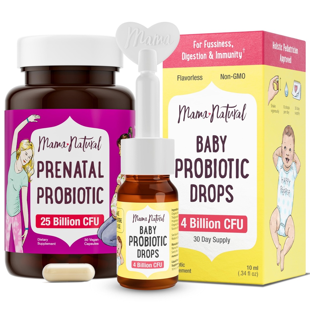 Mama Natural Prenatal Probiótico &amp; Baby Probiotic Drops Bundle – Gut, Vaginal &amp; Immune Support for Mom + Digestive Comfort for Baby with Infant Probiotics – Bundle &amp; Save