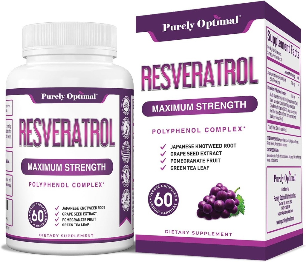 Suplemento de Resveratrol Puramente Optimal 1500mg – Trans-Resveratrol de Knotweed japonés, Complejo Polifenol – apoya el envejecimiento, la vitalidad, la salud cognitiva de la piel – 60 cápsulas vegas