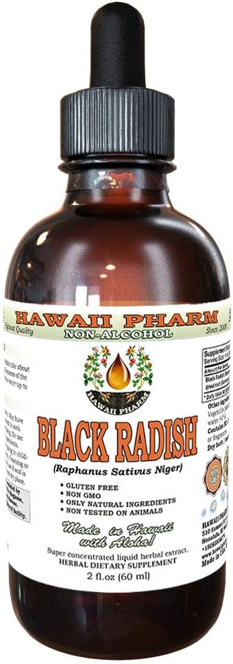 Hawaii Pharm Black Radish Extract líquido libre de alcohol, Black Radish (Raphanus Sativus Niger) Dried Root Glycerite Natural Herbal Suplemento 2 oz