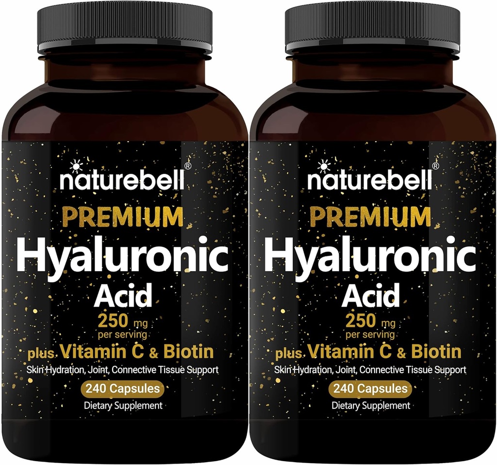 NatureBell 2 Pack Planta base Suplementos de ácido hialurónico 250 mg con 25 mg Vitamina C & Biotina 5000mcg, 480 cápsulas totales tención esencial para el crecimiento del cabello, soporte conjunto, " Hidrating Skin  durable Non-GMO
