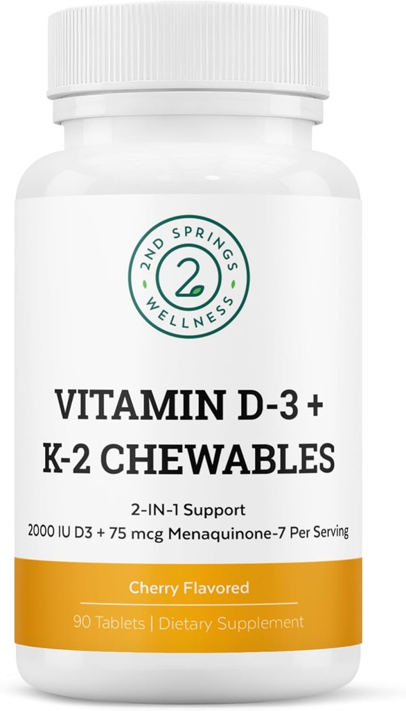 Vitamina D3 + K2 Chewables - 2000 UI Vitamina D y MK7 K2 (Menaquinone-7) - Cherry Flavored Tablets - Vitamina D + K2 Suplemento para adultos y niños