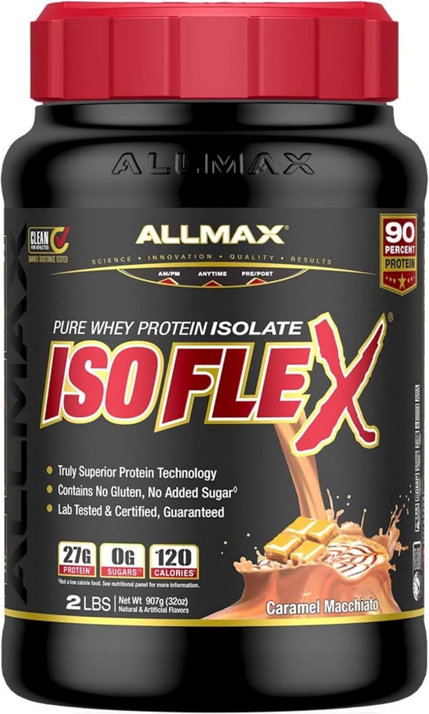 ALLMAX Nutrition ISOFLEX Whey Protein Isolate, Caramel Macchiato - 2 lb - 27 Gramos de Protein Por Scoop - Zero Fat & Sugar - 99% Lactose Free - Gluten Free &amp; Soy Free - Aproximadamente 30 Servimientos