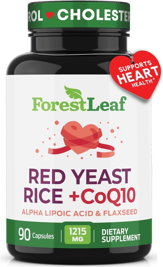 Rice de levadura roja 1215 mg. cápsulas - Levadura de arroz rojo de fuerza extra con suplemento CoQ10, más ácido lipoico alfa " Flaxseed orgánico, Citrinin libre, soporta la salud cardiovascular, no GMO 90 cápsulas vegetales