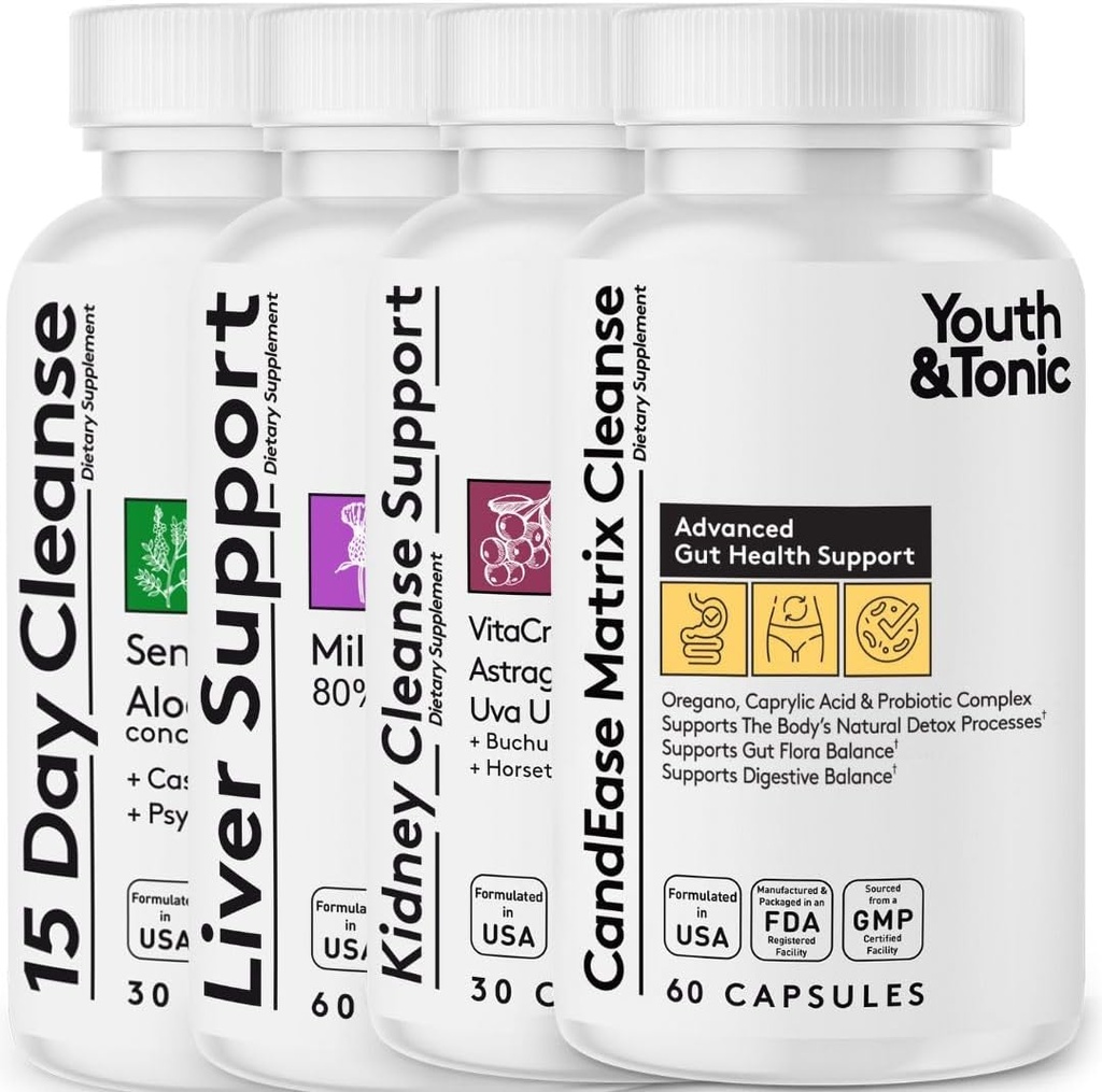 Jóvenes &amp; Tonic 4X Body Detox y Limpieza para Hombres Mujer con soporte para el hígado, Kidney y Colon Cleanse y CandEase Matrix. 180 pastillas