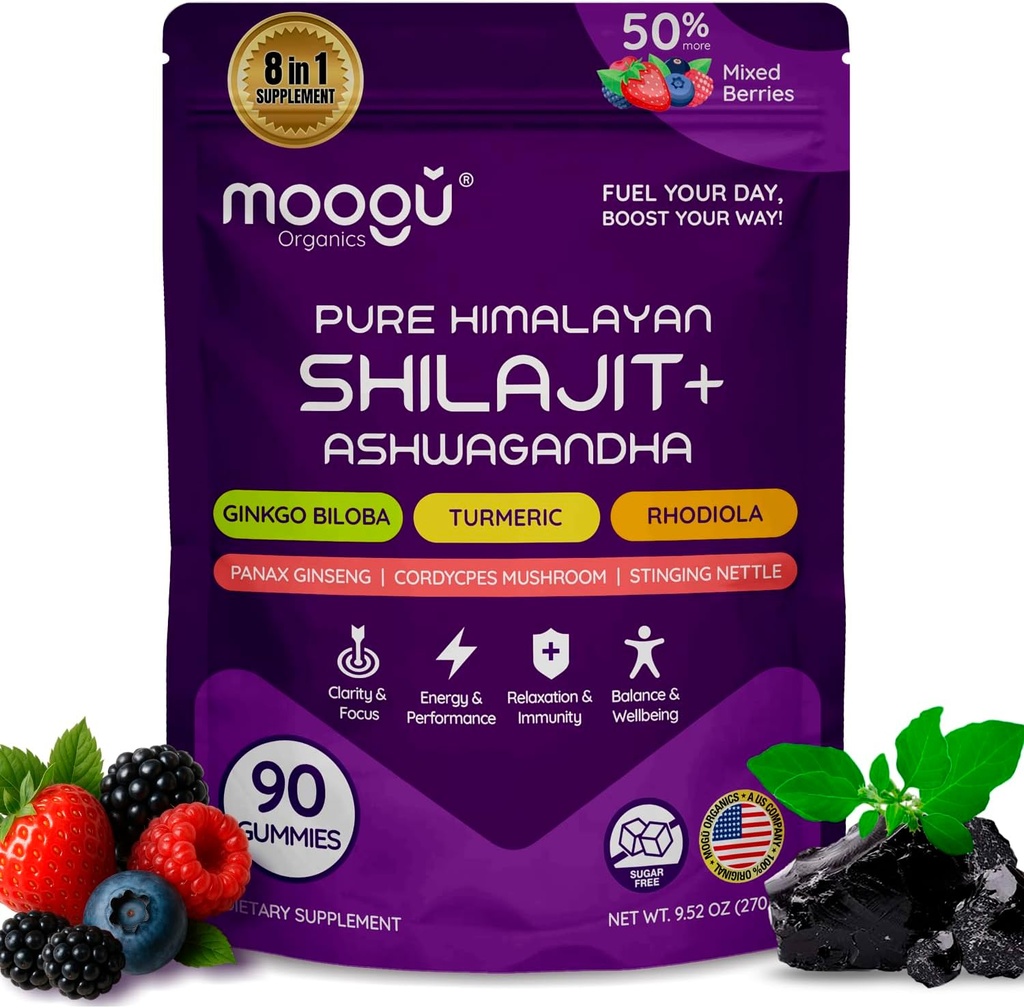 18,000mg Puro Himalayan Shilajit (90 Gummies) Ashwagandha, 75% Fulvic Acid &amp; 85+ Trace Minerals I Hombres, Mujeres I Panax Ginseng, Rhodiola, Turmeric, Gingko Biloba, Cordyceps, Stinginginging Nettle.