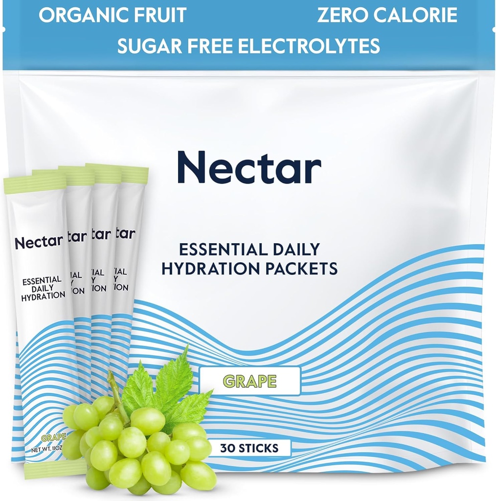 Embalajes de hidratación Nectar - Electrolitos Embalajes de polvo - Sugar Gratis > 0 Calorie - Electrolitos de fruta orgánica líquido diario IV Polvo para alivio de la deshidratación y rehidratación rápida (Grape 30 Pack)