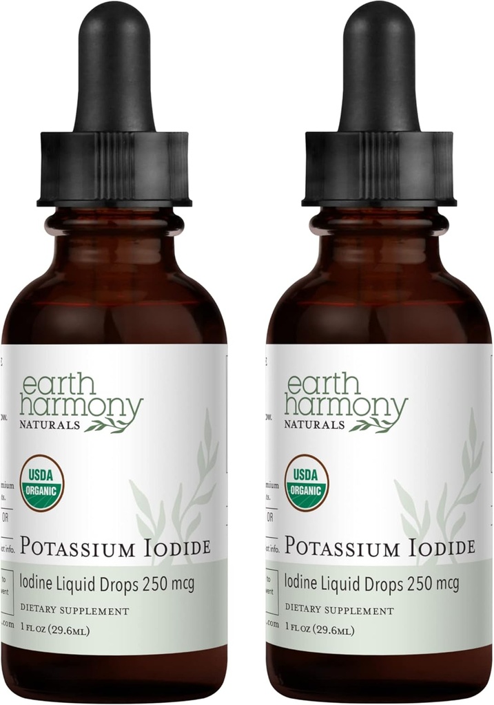 USDA Organic Potassium Iodide 250 mcg Liquid Supplement 2-Pack (1-Year Supply) - Supports The Thyroid Gland and Helps Exposure " Low Levels of Iodine - More Bioavailable Than Tablets, Pills - 1 Fl Oz